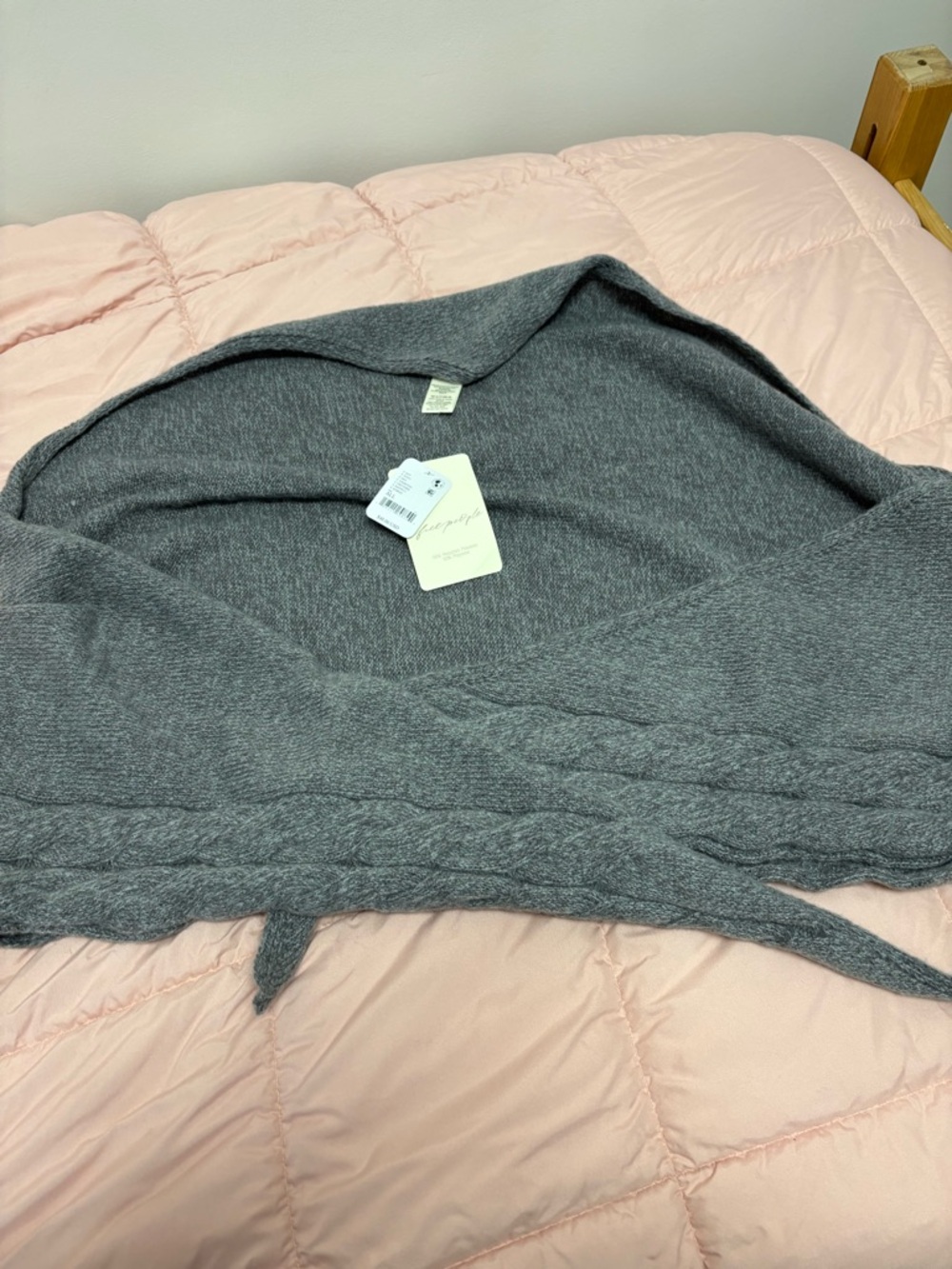 NWT Free People Cozy Gray Wrap Sweater - Soft Cable Detail